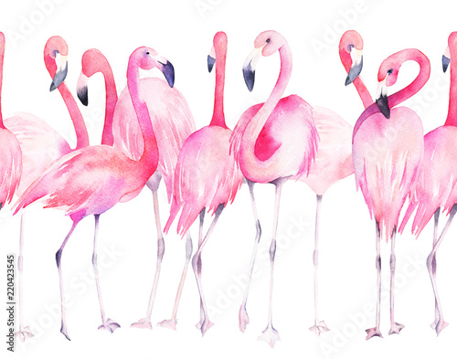 Watercolor seamless pattern with exotic flamingo. Summer decoration print for...