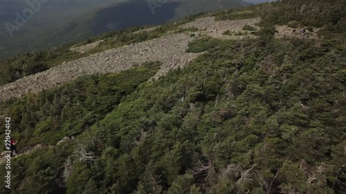 Aerial footage of White Cap Mountain situated within the watershed of the Pleasant River located in Piscataquis County, Maine. It has a distinguished treeline and remains snow covered into summer. photo
