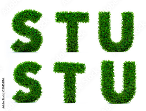 Letter of grass alphabet. Grass letter S  T  U isolated on white background. Symbol with the green lawn texture. 3D Render