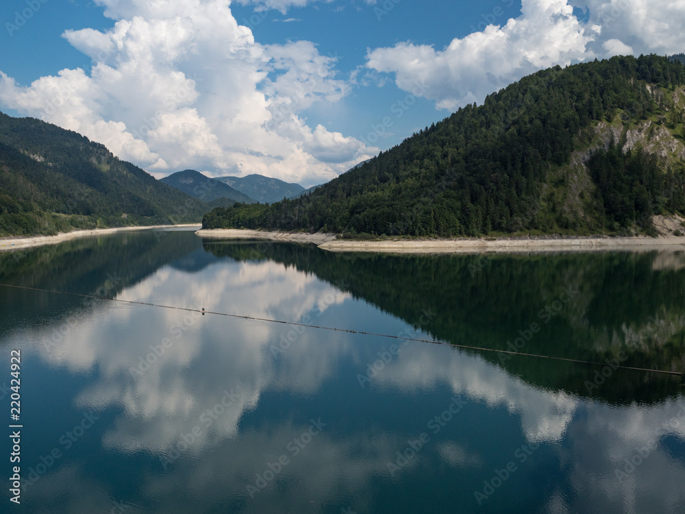 Beautiful lake Sylvenstein and dam in the Alps of Bavaria in summer. Germany, august 2018