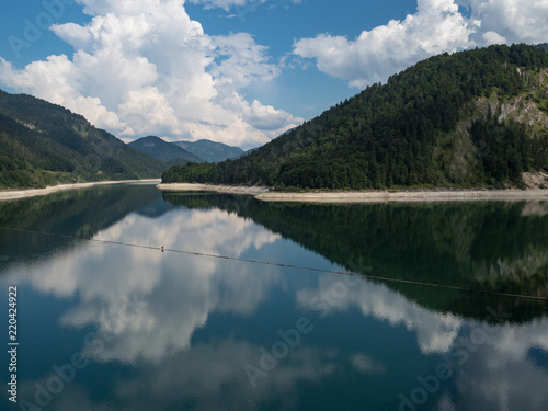 Beautiful lake Sylvenstein and dam in the Alps of Bavaria in summer. Germany  august 2018