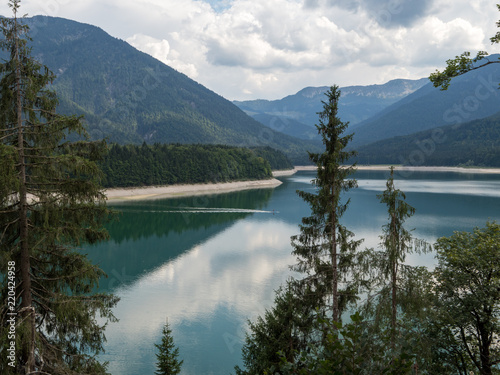 Beautiful lake Sylvenstein and dam in the Alps of Bavaria in summer. Germany, august 2018