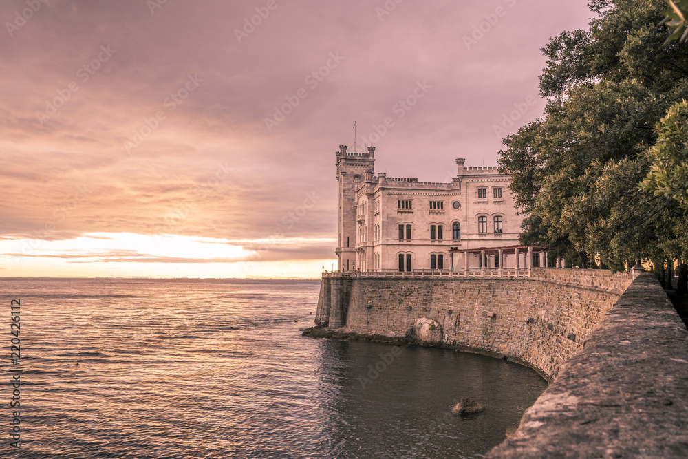 Miramare Castle at sunset in Trieste, Italy