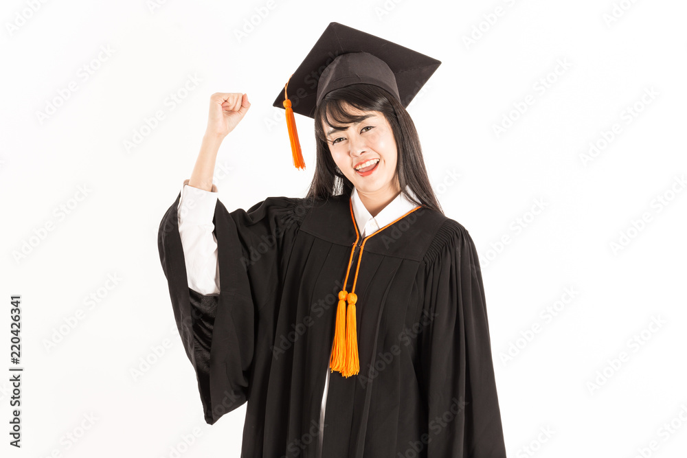 Beautiful Attractive Asian Graduated woman in cap and gown smile and celebrating,Education Success Concept,Isolate on white background Beautiful Attractive Asian Graduated woman in cap and gown smile and celebrating,Education Success Concept,Isolate on white background