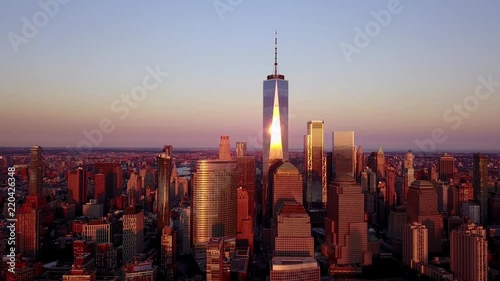 Sunset in New York City. Drone flyover lower Manhattan