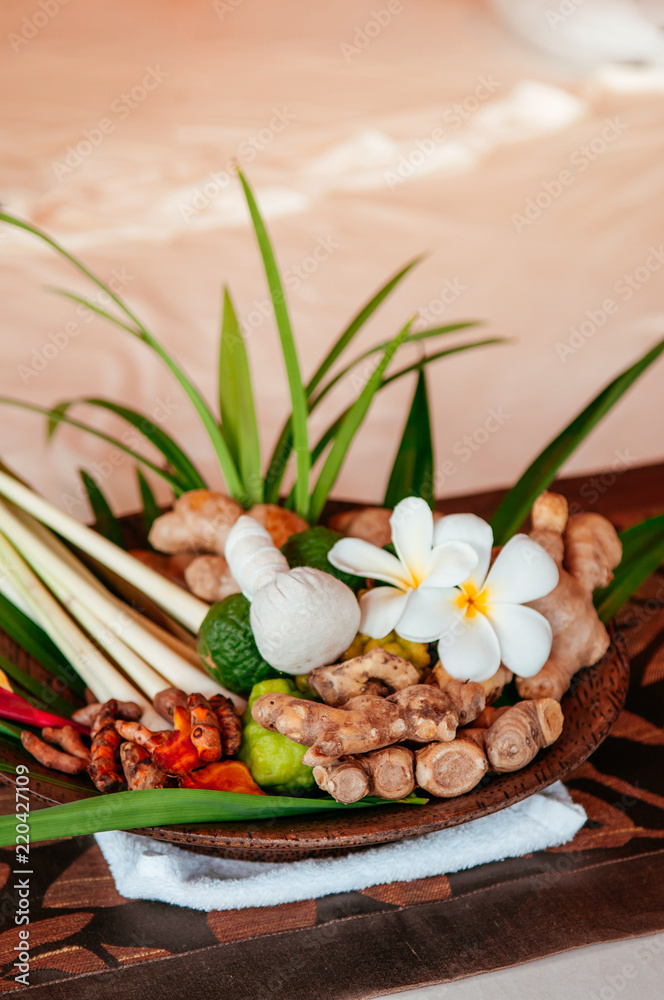Thai spa treatment ingredient with herbs and herbal compress ball
