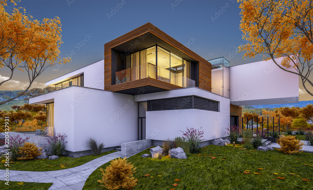 3d rendering of modern cozy house by the river with garage for sale or rent with beautiful mountains on background. Cool autumn evening with soft light from window