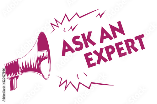 Conceptual hand writing showing Ask An Expert. Business photo showcasing Superior Reliable Ace Virtuoso Curiosity Authority Geek Purple megaphone important message screaming speaking loud