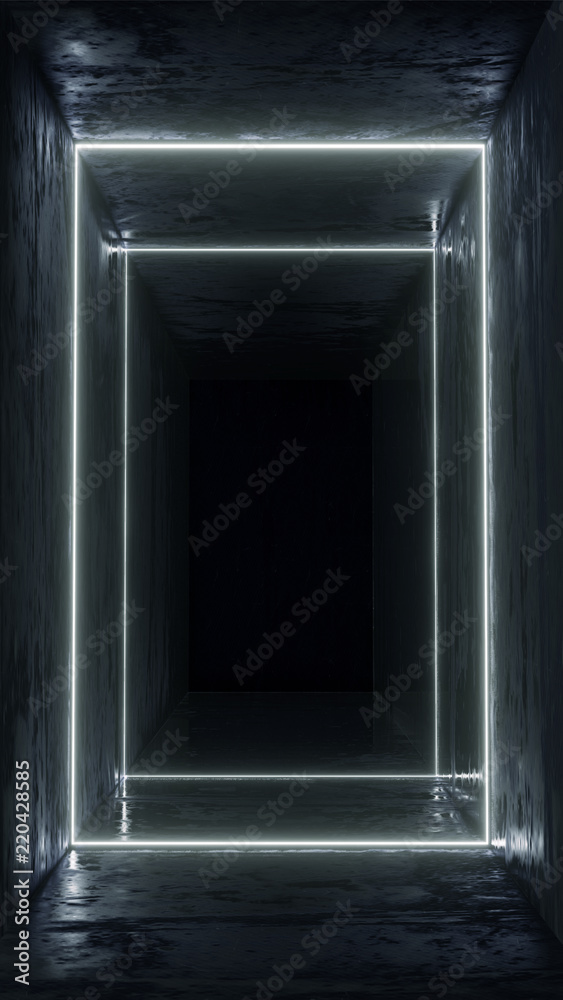 3d render. Geometric figure in neon light against a dark tunnel. Laser glow. 3d render. Geometric figure in neon light against a dark tunnel. Laser glow.