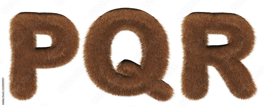 Alphabet fur - font 3d render - letter P, Q, R