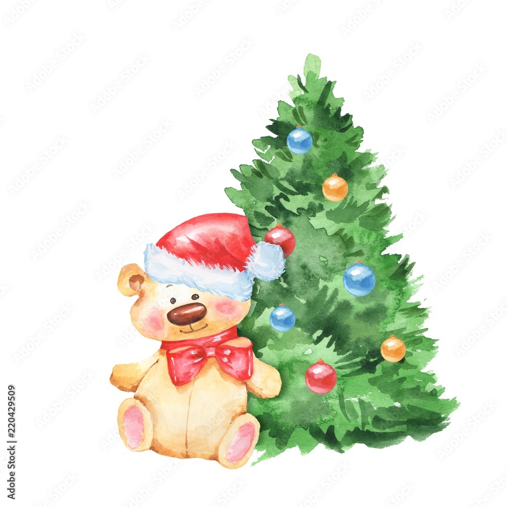 Christmas tree and Teddy Bear. Watercolor illustration