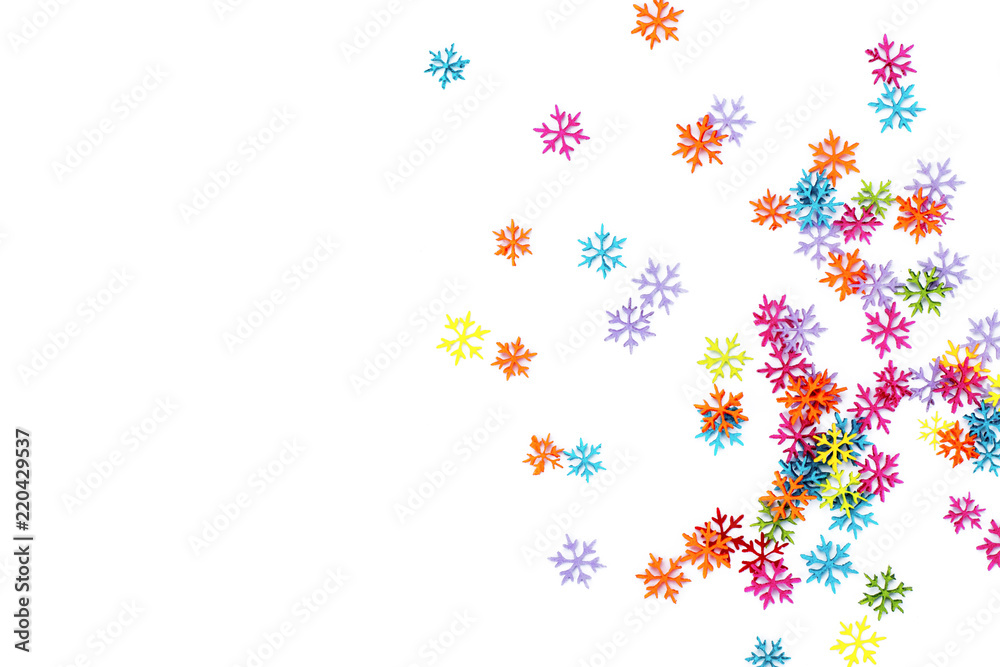 .Multicolored snowflakes on white isolated background.Copy Space