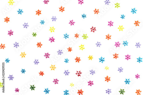 .Background of many different colored snowflakes.Isolated