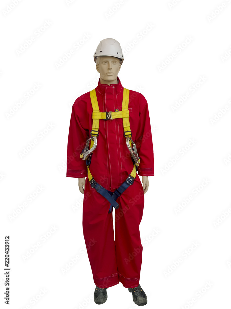 Male mannequin in red protective suit.