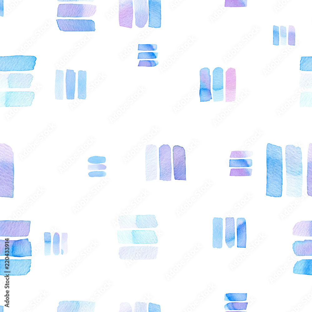 Seamless pattern with abstract geometric figures. Watercolor line-spots in the tiled pattern, chaotic order, blue and violet colors. Seamless pattern with abstract geometric figures. Watercolor line-spots in the tiled pattern, chaotic order, blue and violet colors.