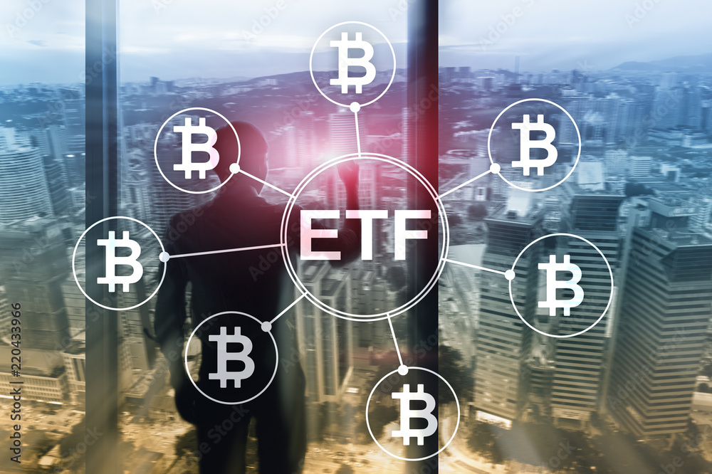 Bitcoin ETF cryptocurrency trading and investment concept on double exposure background. Bitcoin ETF cryptocurrency trading and investment concept on double exposure background.