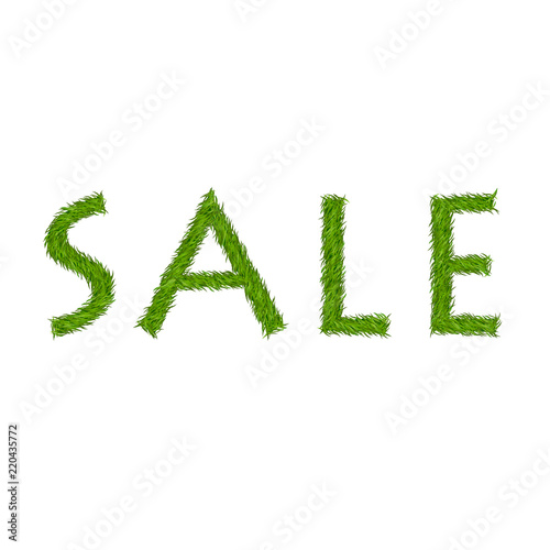 Green grass sale text, isolated white background. Spring or summer nature design for banner, flyer, label or poster offer. Discount sale. Eco 3D texture. Letter grassy signs. Vector illustration