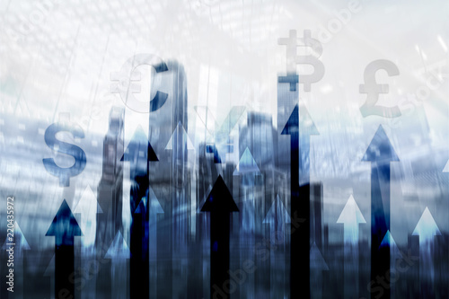 Double exposure business and financial concept. Currency growth arrows. Stock trading and forex. © Funtap