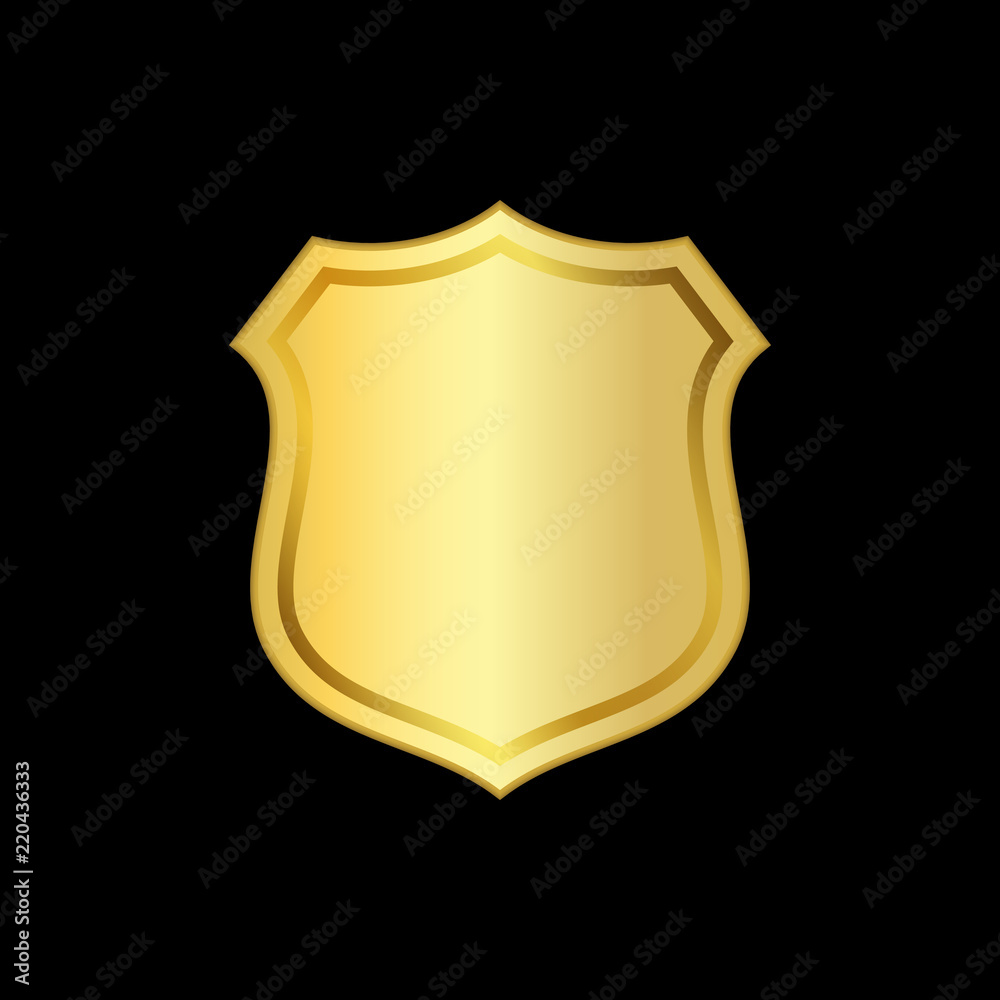 Gold shield shape icon. 3D golden emblem sign isolated on black background. Symbol of security, power, protection. Badge shape shield graphic design. Vector illustration Gold shield shape icon. 3D golden emblem sign isolated on black background. Symbol of security, power, protection. Badge shape shield graphic design. Vector illustration
