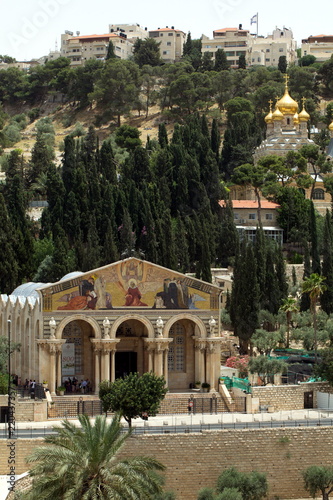 The Temple of All Nations in Jerusalem at the foot of the Mount of Olives. Church of St. Mary Magdalene. Golden domes of the Orthodox church