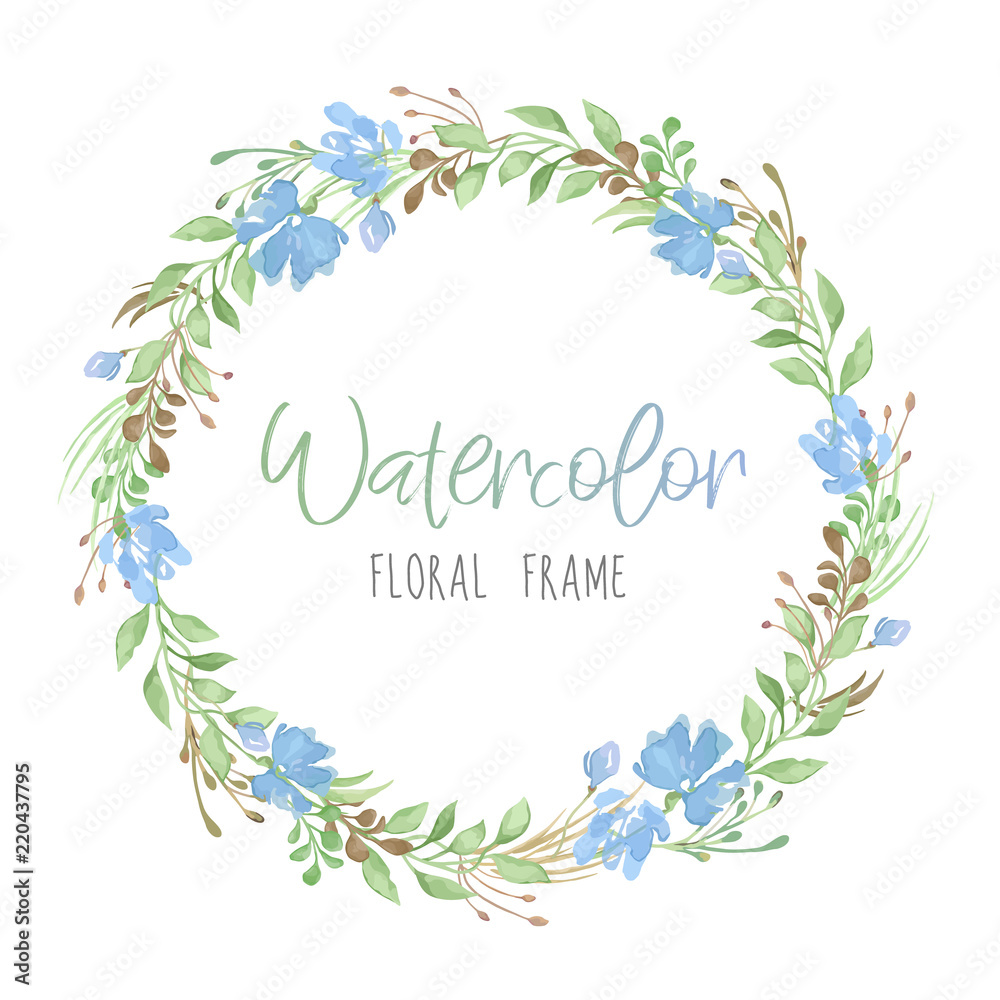 Vector romantic floral round frame with green leaves and blue flowers in watercolor style isolated on white background Vector romantic floral round frame with green leaves and blue flowers in watercolor style isolated on white background