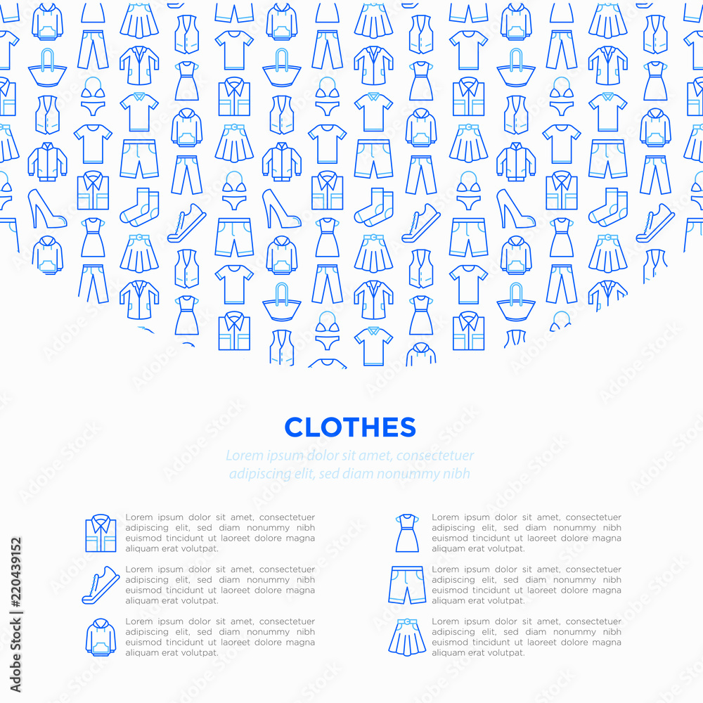 Naklejka premium Clothing concept in circle with thin line icons set: shirt, shoes, pants, hoodie, sneakers, shorts, underwear, dress, skirt, jacket, coat, socks. Modern vector illustration, print media template.