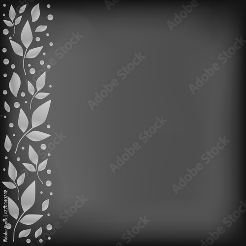 Chalkboard background with decorative stripe of white leaves and dots on the left for decoration, text, inscription, wedding, postcard, menu, restaurant, cafe, bar