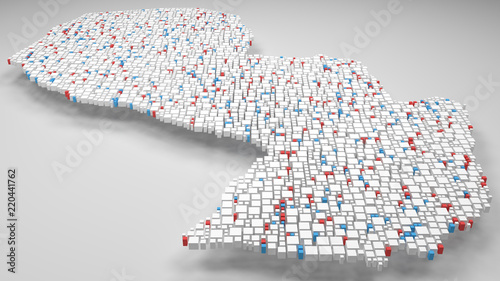 3D Map of Paraguay - America | 3d Rendering, mosaic of little bricks - White and flag colors. A number of 3933 little boxes are accurately inserted into the mosaic