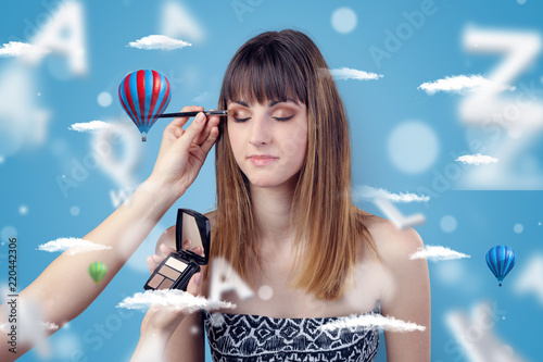 Young brunette woman smiling at hairdresser with clouds and air balloons around   © ra2 studio