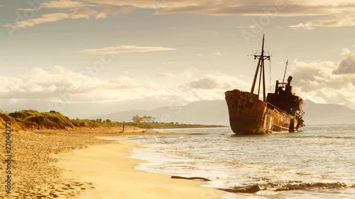 Greek coastline with the famous rusty shipwreck n Glyfada beach near Gytheio, Gythio Laconia Peloponnese Greece. Time lapse 4K photo