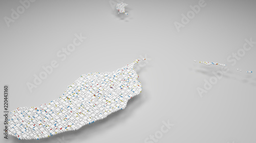 3D Map of Madeira - Portugal | 3d Rendering, mosaic of little bricks - White and flag colors. A number of 3065 little boxes are accurately inserted into the mosaic