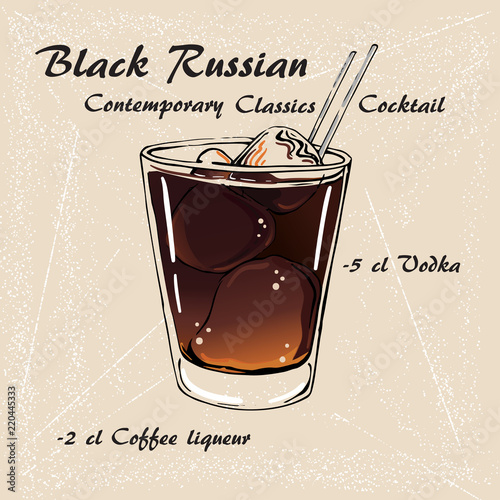 BLACK RUSSIAN cocktail illustration. Alcoholic cocktails vector illustration