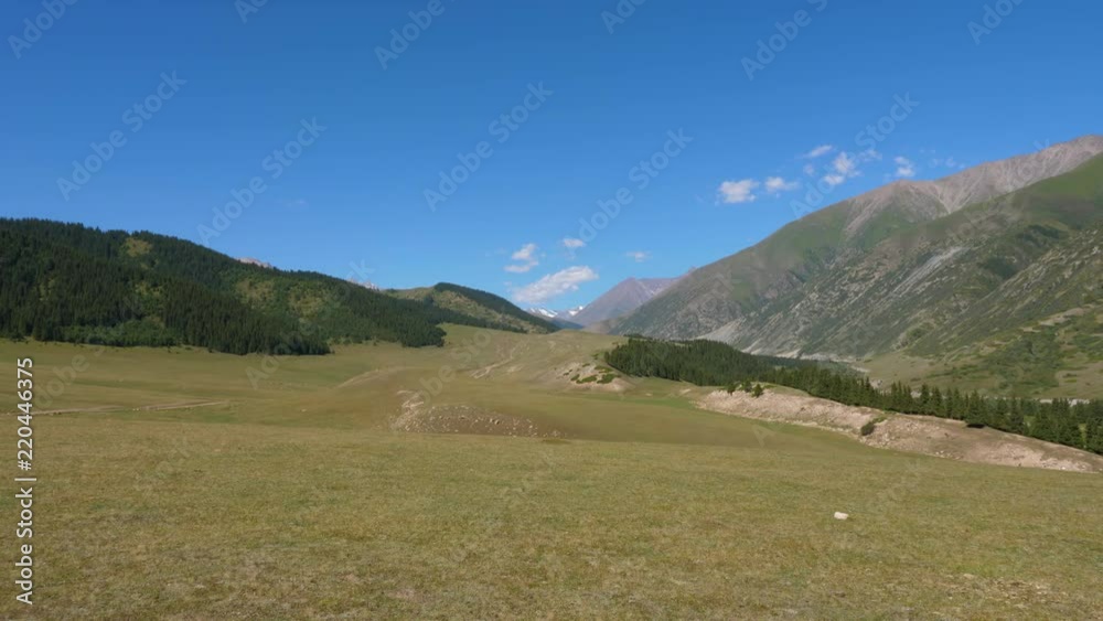 Green beautiful landscape with valley, Tian Shan mountains and blue sky, locked shot Green beautiful landscape with valley, Tian Shan mountains and blue sky, locked shot