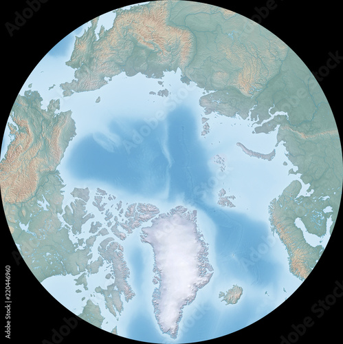 Polarstereo projection of the Arctic - shaded relief, the map colors gradually blend into one another across regions and from lowlands to highlands - 3D rendering