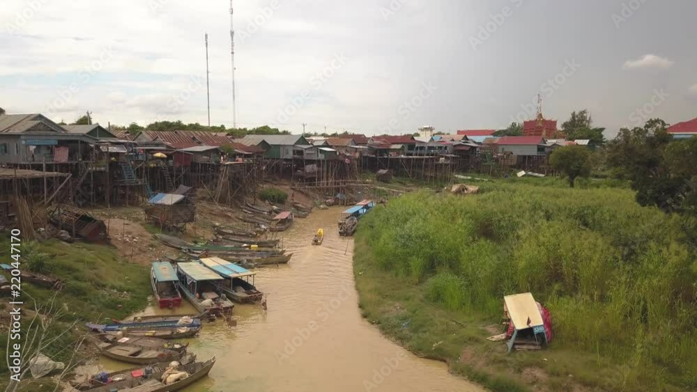 Villagers sail along the Tahas River in Kampong Phluk as the camera slowly rises up over the village Villagers sail along the Tahas River in Kampong Phluk as the camera slowly rises up over the village