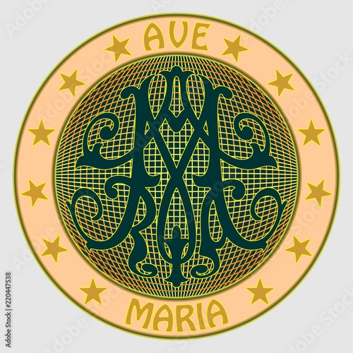 Medal with ornamental baroque monogram M, with the inscription Ave Maria, surrounded by stars