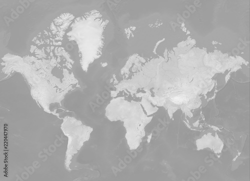 Map of the world in Mercator projection (no Antarctica) - terrain depicted monochromatically in shades of gray. Gray Earth with Shaded Relief, Hypsography, Ocean Bottom, and Drainages - 3D rendering