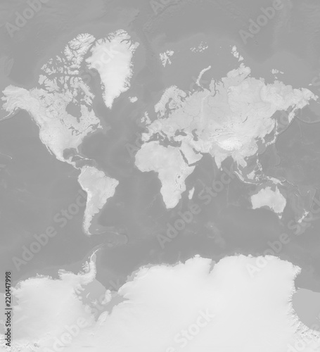Map of the world in Mercator projection - terrain depicted monochromatically in shades of gray. Gray Earth with Shaded Relief, Hypsography, Ocean Bottom, and Drainages - 3D rendering