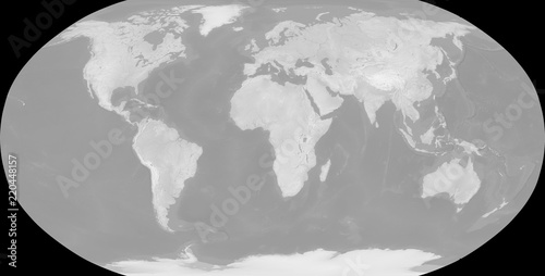 Map of the world in Robinson projection - terrain depicted monochromatically in shades of gray. Gray Earth with Shaded Relief, Hypsography, Ocean Bottom, and Drainages - 3D rendering