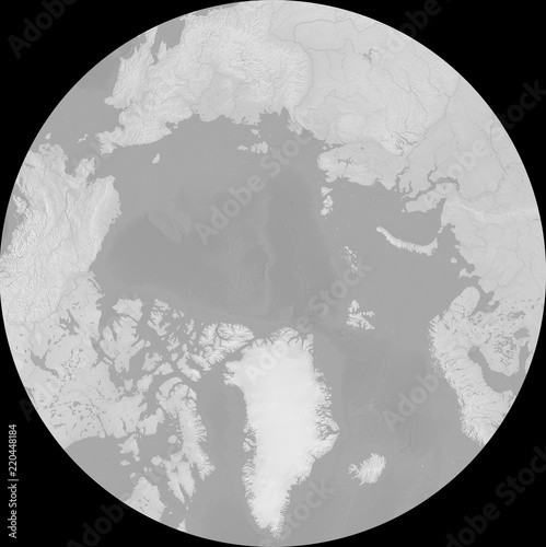 Polarstereo projection of the Arctic - terrain depicted monochromatically in shades of gray. Gray Earth with Shaded Relief, Hypsography, Ocean Bottom, and Drainages - 3D rendering photo