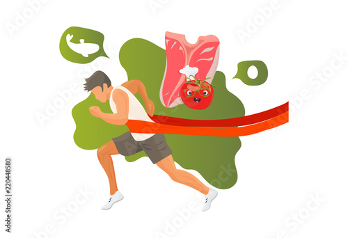 The Paleolithic or Paleo diet concept illustration: meat steak and winner runner athlete.