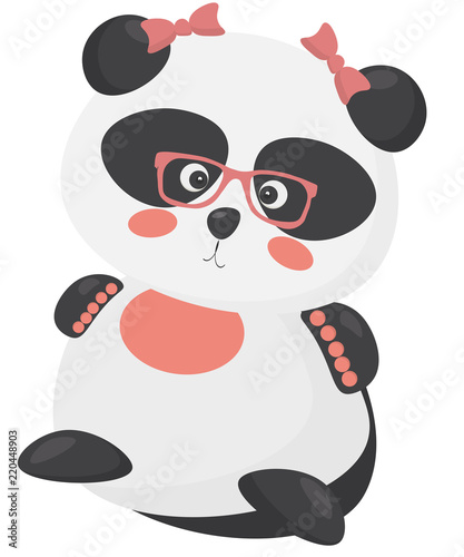 Fototapeta Naklejka Na Ścianę i Meble -  Cartoon vector illustration: Panda Bear Girl isolated. Cute Panda sitting with eyeglasses on.
