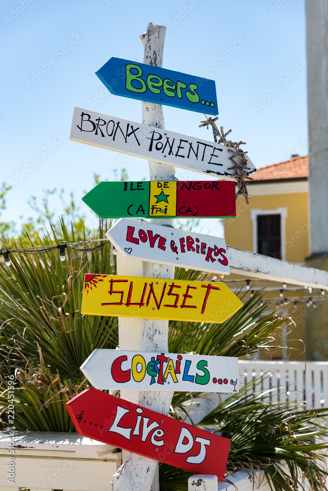 Colorful signposts at the harbor