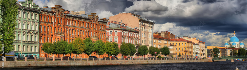 Panorama of the Embankment of the Fontanka river and Trinity Cathedral in Saint-Petersburg