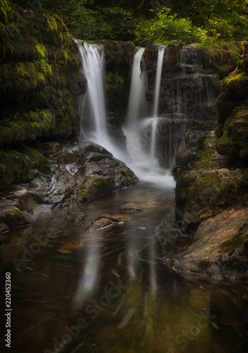The gully at Sgwd y Pannwr, a popular spot for a rest and picnic for the trekkers who visit Waterfall Country in South Wales, UK 