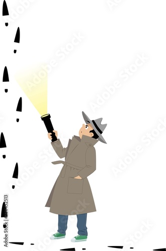 Little boy detective is confused by suspicious footprints, EPS 8 vector illustration