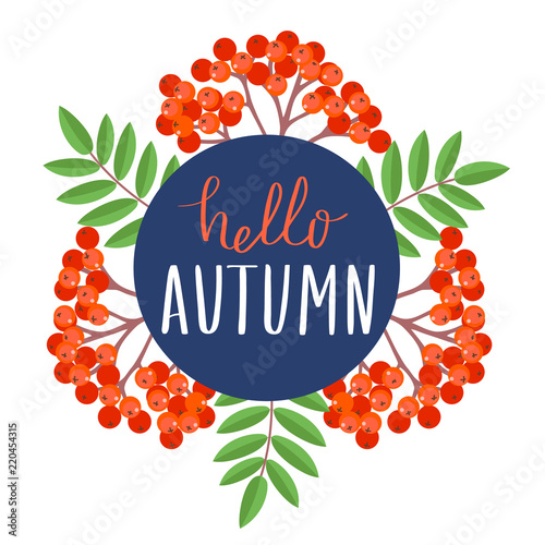 Floral autumn rowan frame on a white background. Hello autumn lettering. Perfect for autumn sale, school or Thanksgiving day banners decoration. Vector illustration.