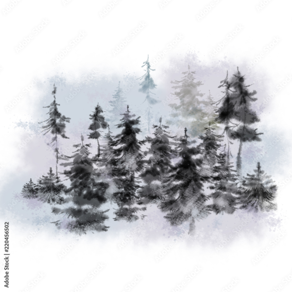 Pine Trees Mystic Landscape. Watercolor Textured Romantic Winter Landscape for Print, Original Design, Card, Greeting Card, Poster, and any Printable Decoration.