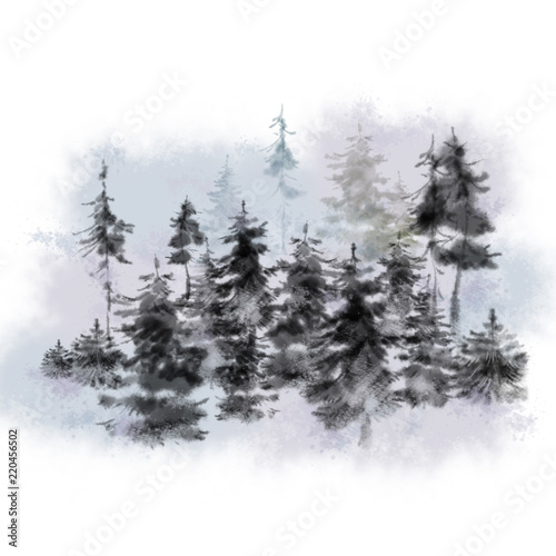 Pine Trees Mystic Landscape. Watercolor Textured Romantic Winter Landscape for Print, Original Design, Card, Greeting Card, Poster, and any Printable Decoration. © NWolfgang