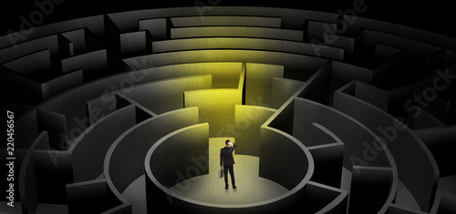 Businessman can not decide which entrance to chose in a middle of a dark maze  